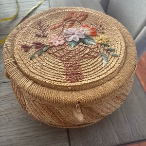 Vintage Embroidered Chinese Floral Sowing Basket with Lid 1940’s